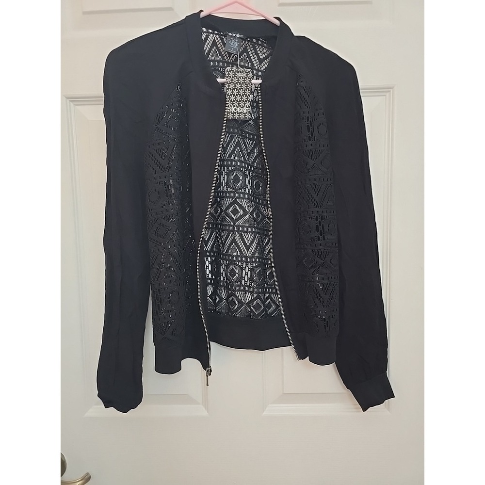 Black Stoosh bomber jacket with a lace-style crochet pattern Women's Small